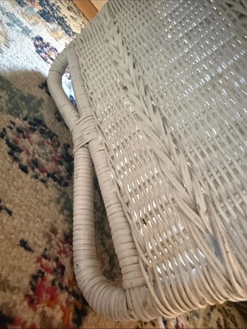 Vintage White Wicker Tray Table with Side Storage.
